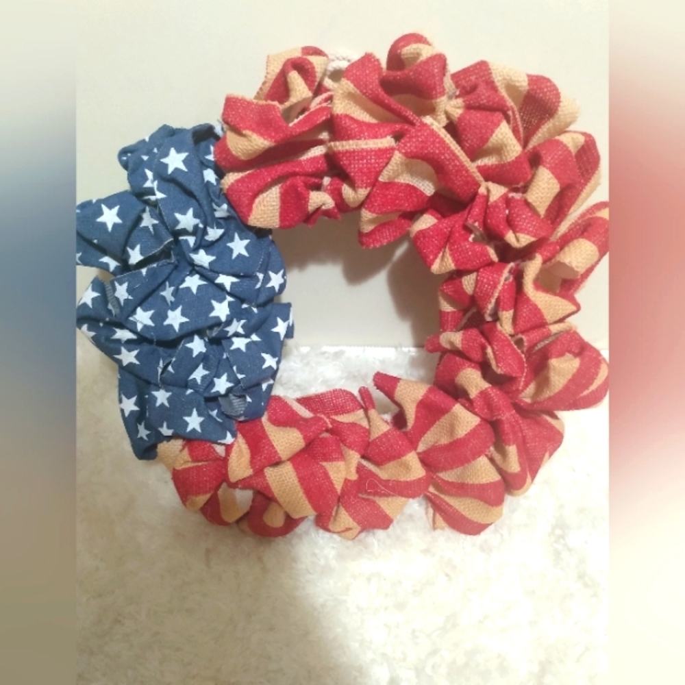 New hand crafted American flag burlap material wreath